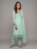 Mint Green Semi-Stitched Pakistani Suit with Heavy Neck & Daman Embroidery