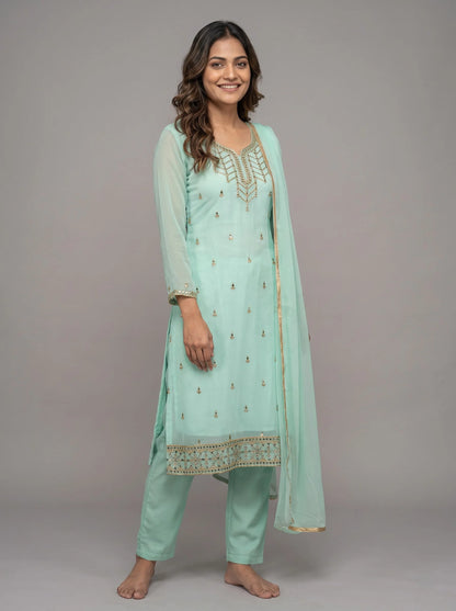 Mint Green Semi-Stitched Pakistani Suit with Heavy Neck & Daman Embroidery