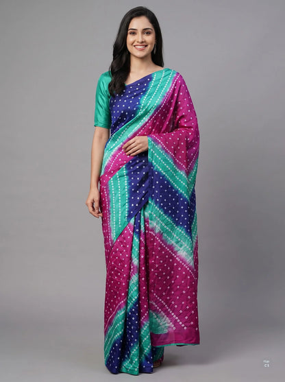 Multicolour Bandhani Lehariya Saree in Navy, Magenta & Teal