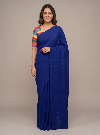 Royal Blue Pleated Georgette Saree with Multicolour Sequin Blouse