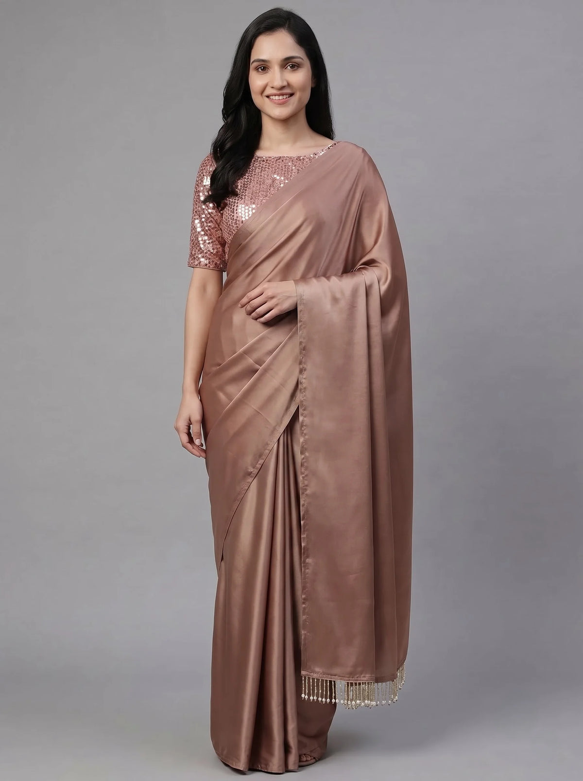 Dusty Rose-Gold Satin Silk Saree with Sequin Blouse & Pearl Latkan