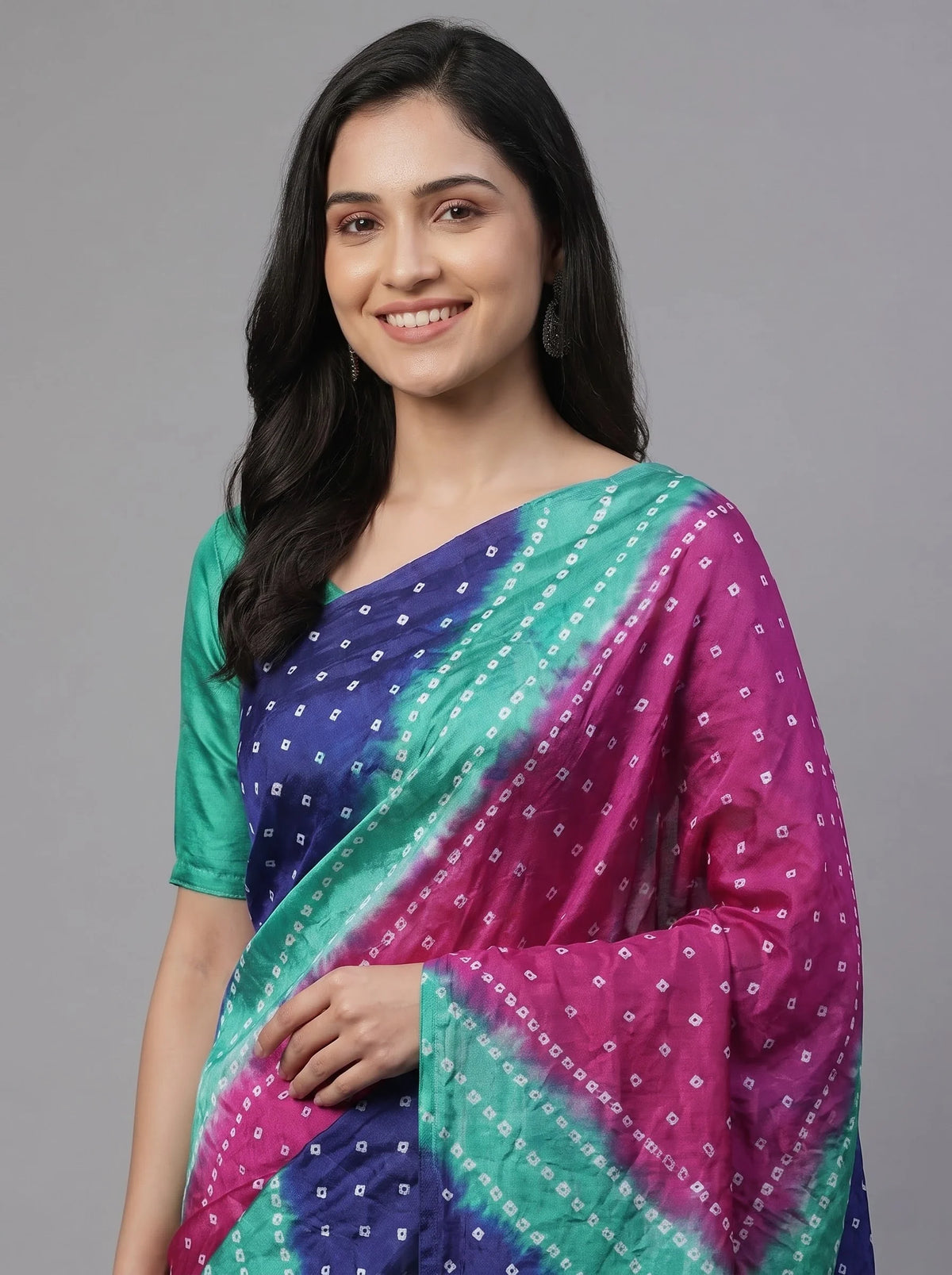 Multicolour Bandhani Lehariya Saree in Navy, Magenta & Teal