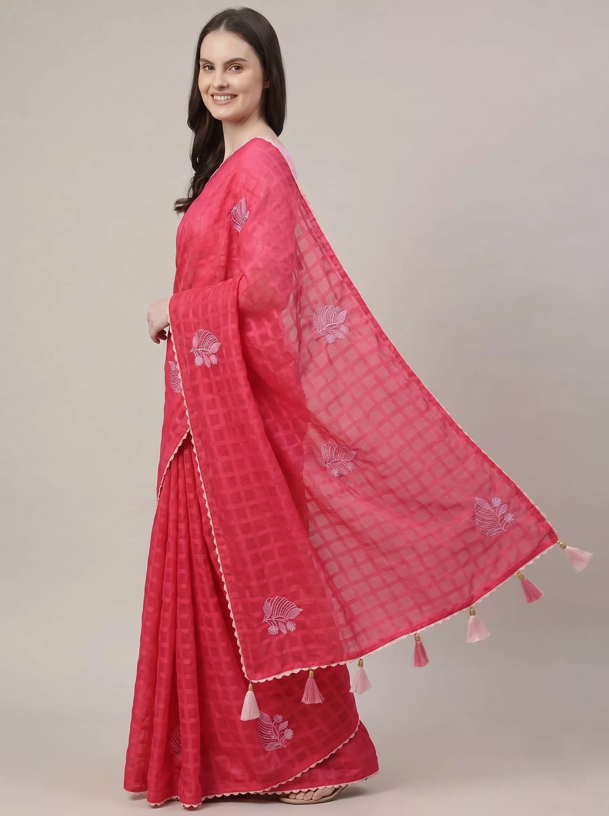 Pink-Red Chanderi Silk Saree with Check Pattern & Floral Thread Embroidery