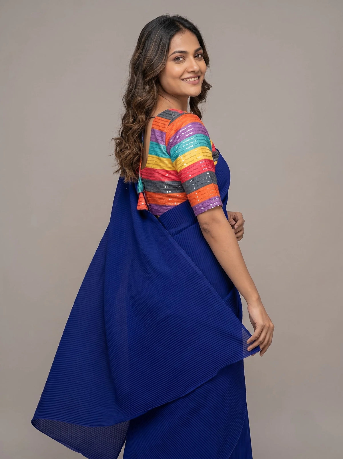 Royal Blue Pleated Georgette Saree with Multicolour Sequin Blouse