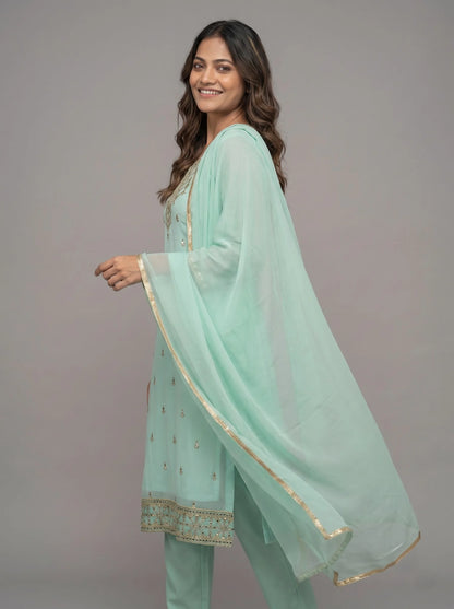Mint Green Semi-Stitched Pakistani Suit with Heavy Neck & Daman Embroidery