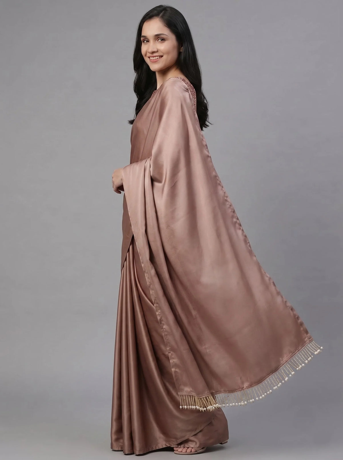 Dusty Rose-Gold Satin Silk Saree with Sequin Blouse & Pearl Latkan