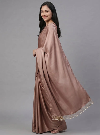 Dusty Rose-Gold Satin Silk Saree with Sequin Blouse & Pearl Latkan