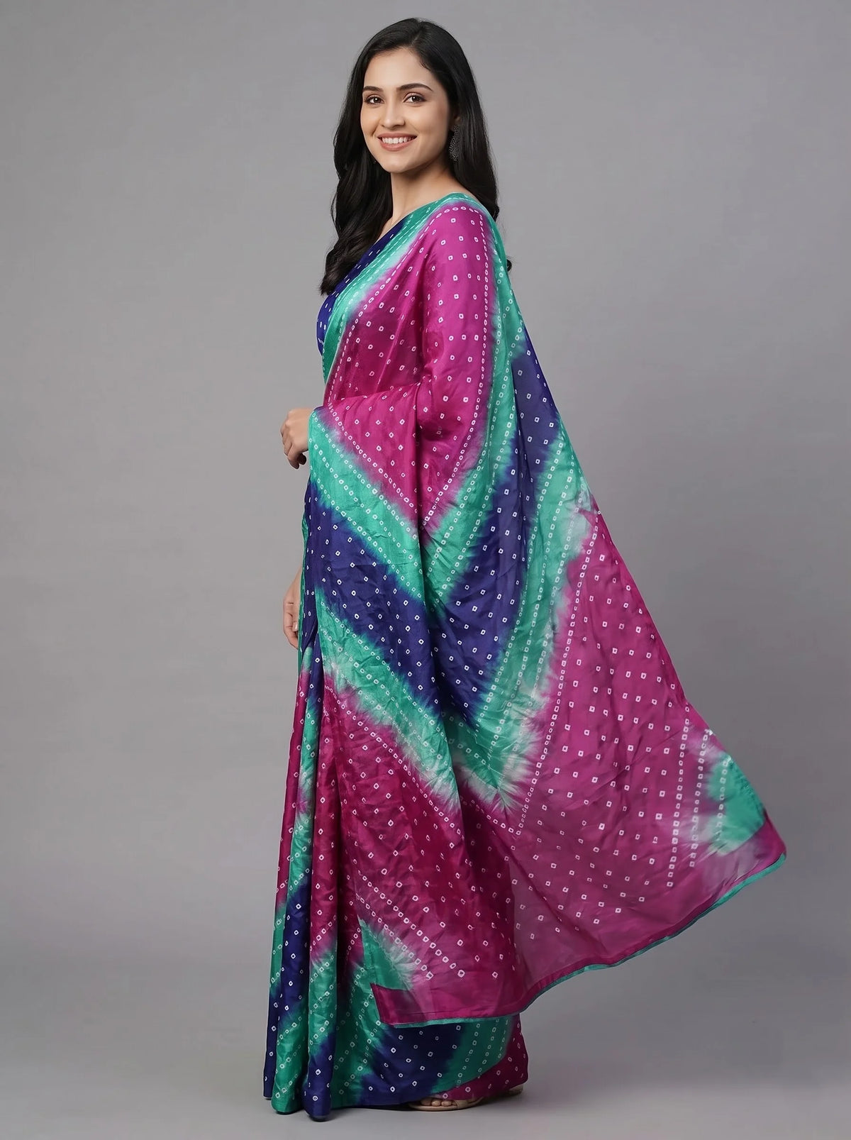 Multicolour Bandhani Lehariya Saree in Navy, Magenta & Teal