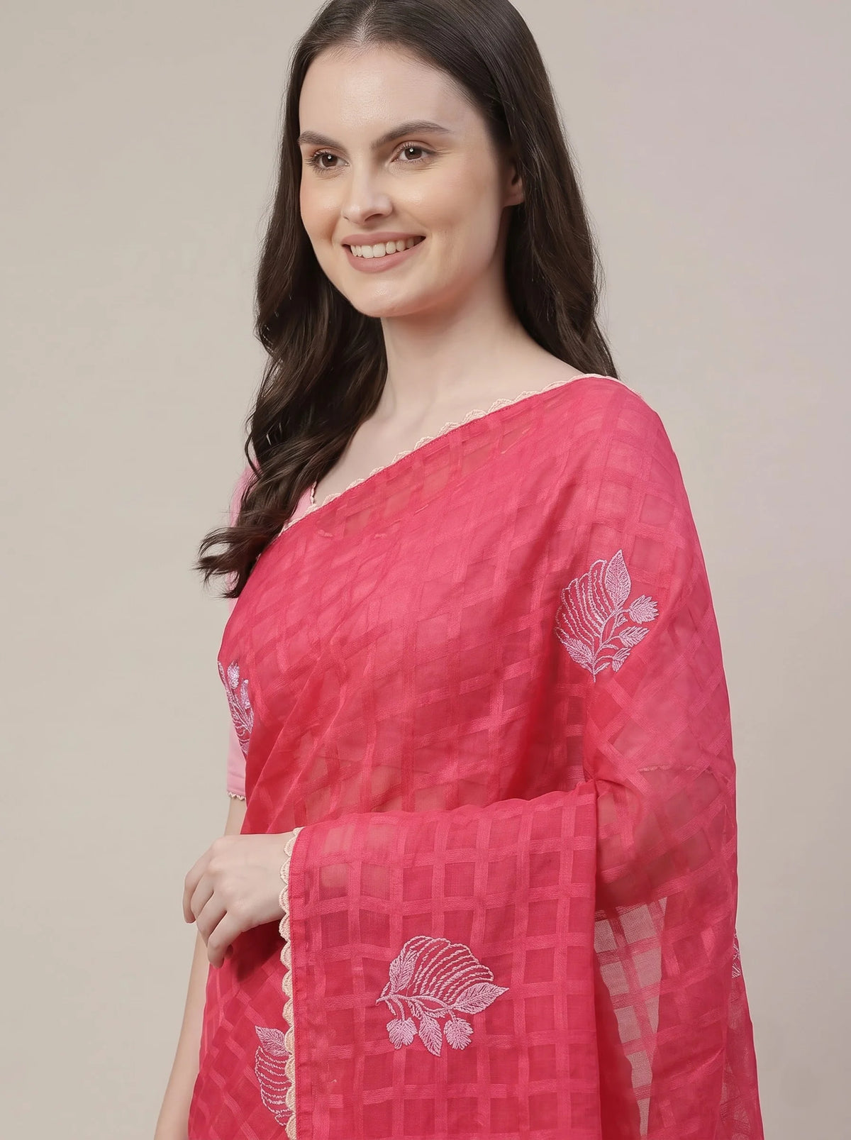 Pink-Red Chanderi Silk Saree with Check Pattern & Floral Thread Embroidery