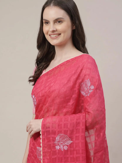 Pink-Red Chanderi Silk Saree with Check Pattern & Floral Thread Embroidery