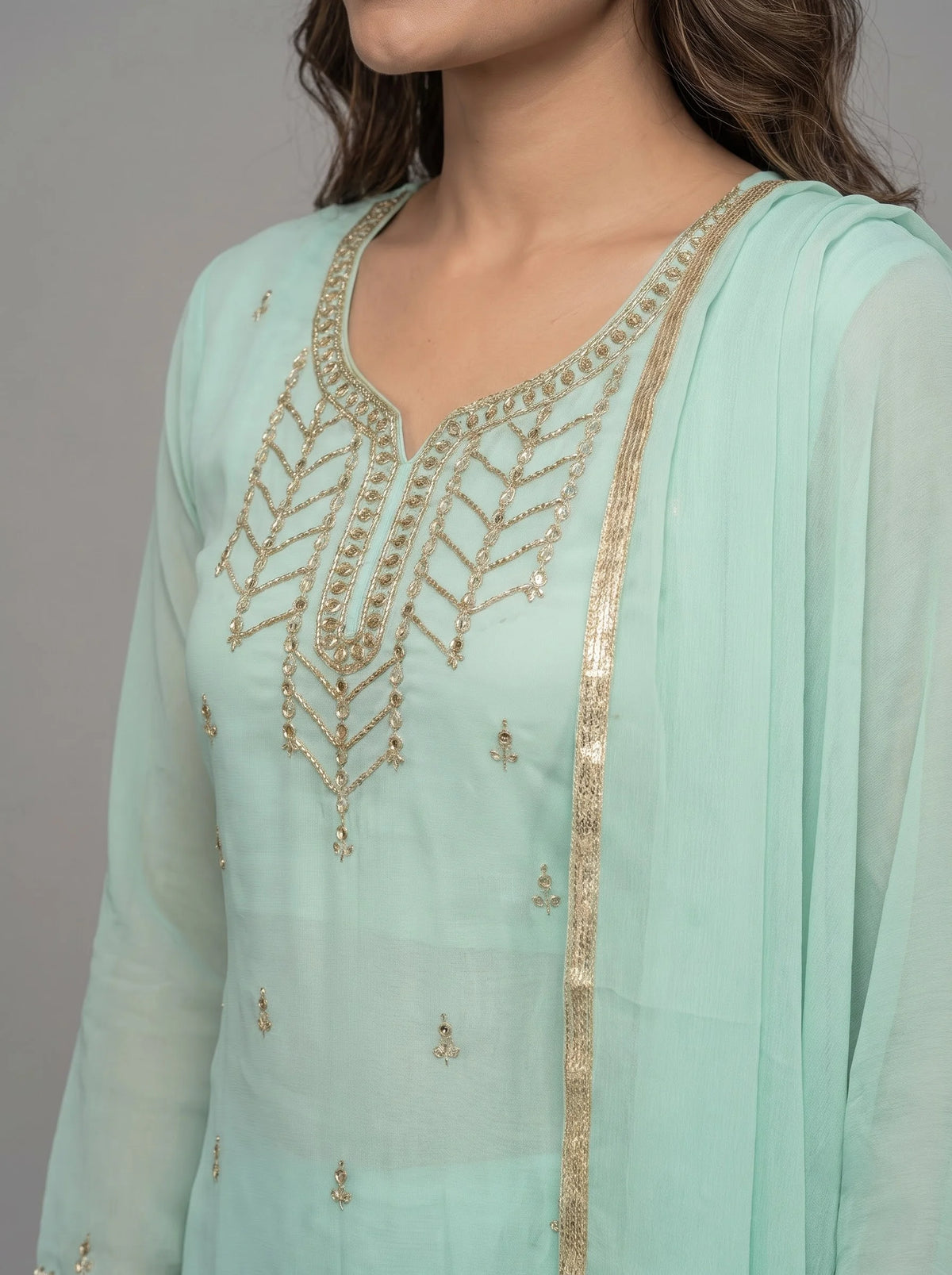 Mint Green Semi-Stitched Pakistani Suit with Heavy Neck & Daman Embroidery