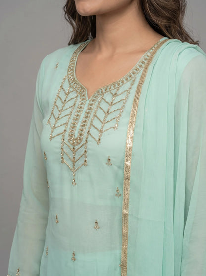 Mint Green Semi-Stitched Pakistani Suit with Heavy Neck & Daman Embroidery