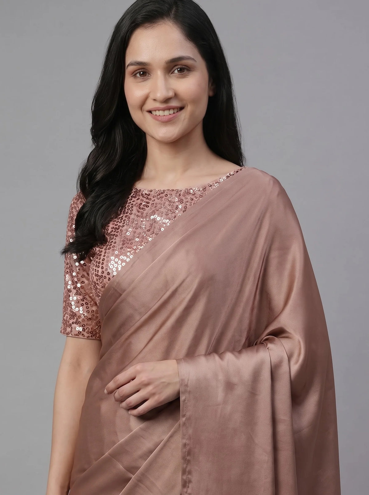 Dusty Rose-Gold Satin Silk Saree with Sequin Blouse & Pearl Latkan