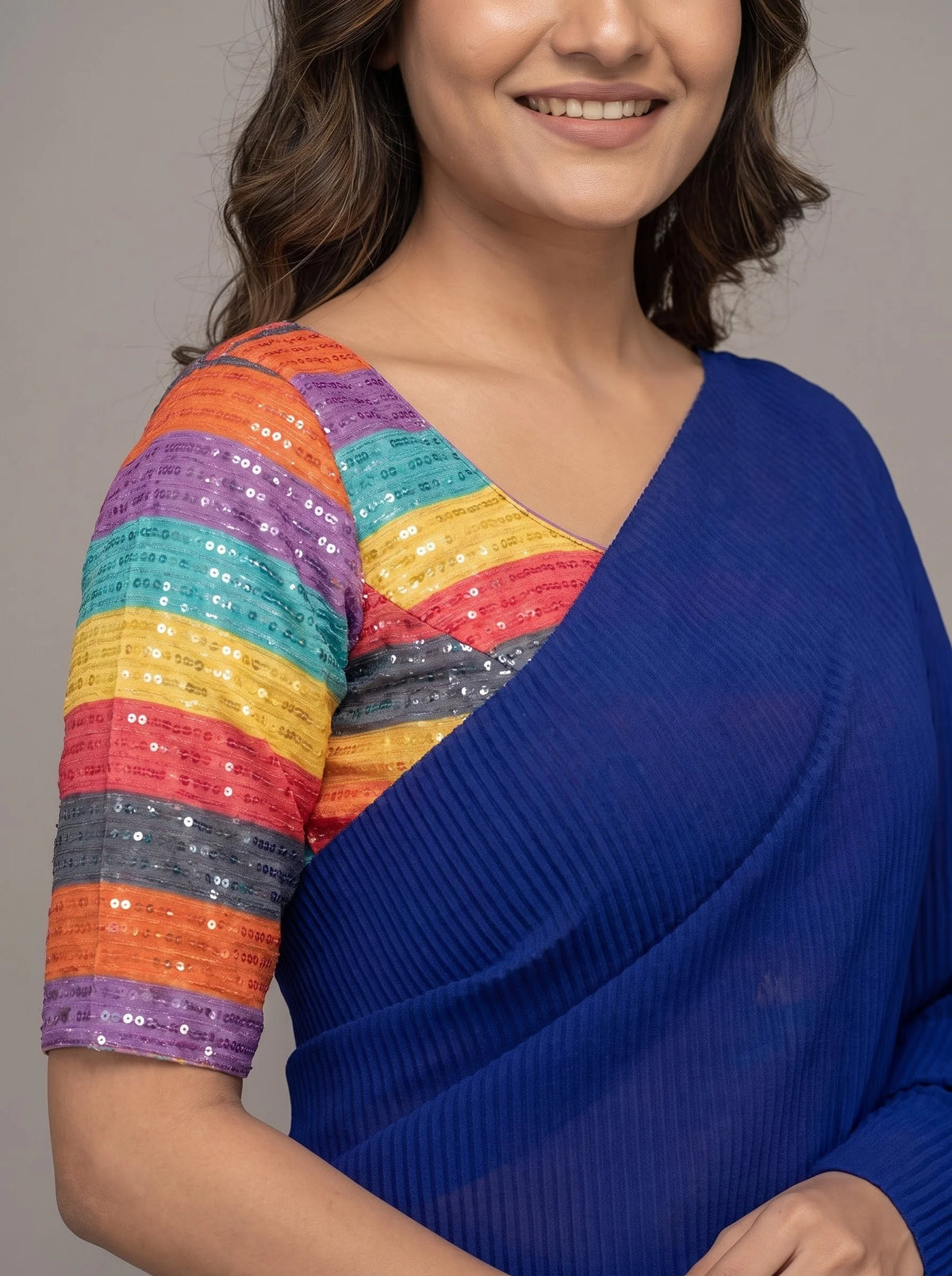 Royal Blue Pleated Georgette Saree with Multicolour Sequin Blouse