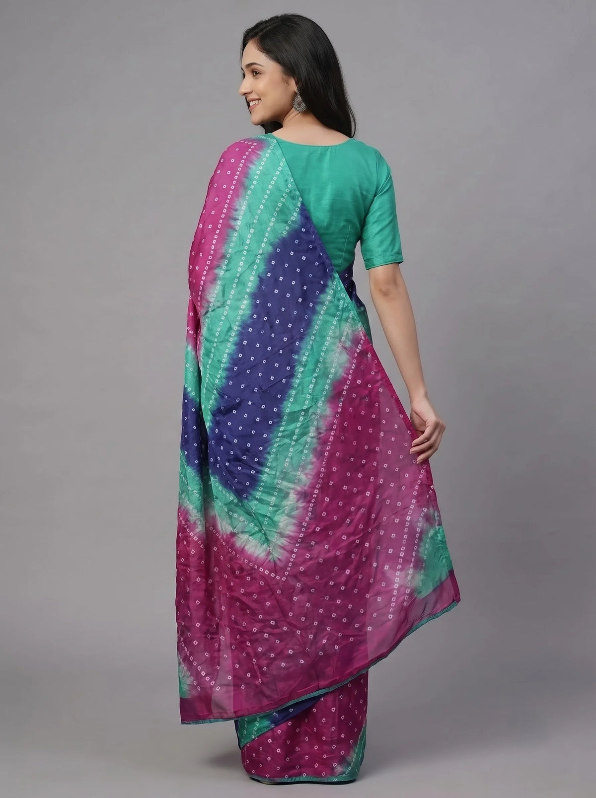 Multicolour Bandhani Lehariya Saree in Navy, Magenta & Teal