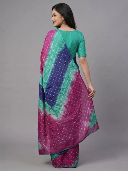 Multicolour Bandhani Lehariya Saree in Navy, Magenta & Teal