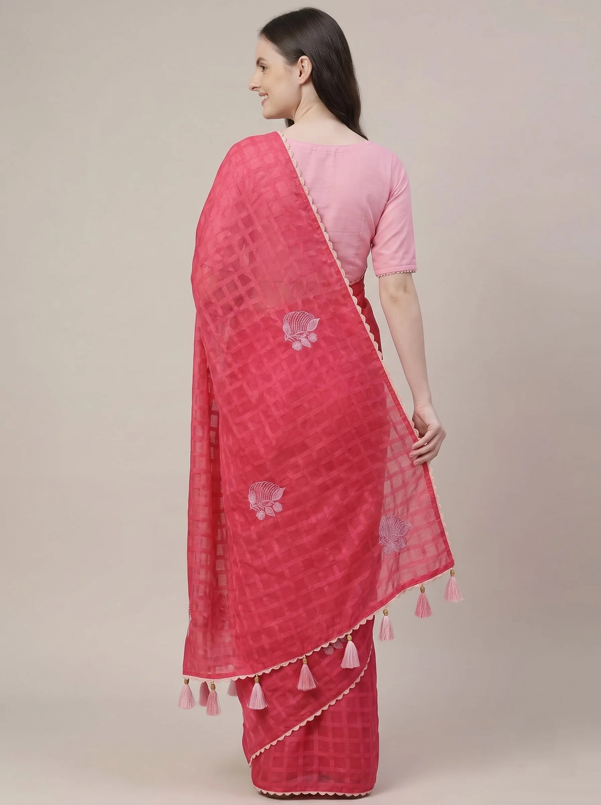Pink-Red Chanderi Silk Saree with Check Pattern & Floral Thread Embroidery