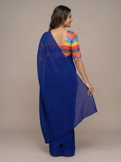 Royal Blue Pleated Georgette Saree with Multicolour Sequin Blouse