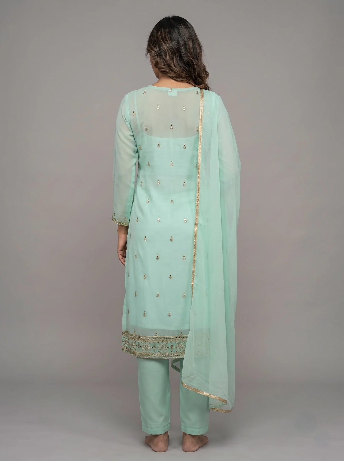 Mint Green Semi-Stitched Pakistani Suit with Heavy Neck & Daman Embroidery
