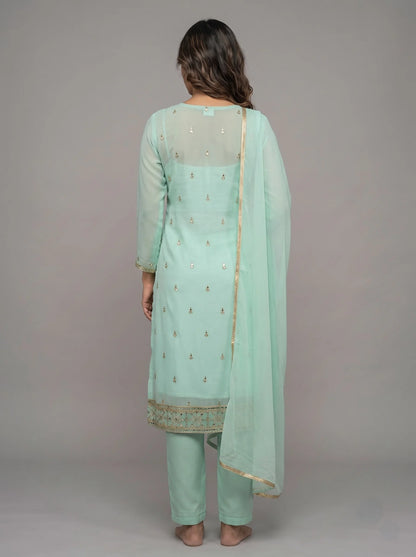 Mint Green Semi-Stitched Pakistani Suit with Heavy Neck & Daman Embroidery