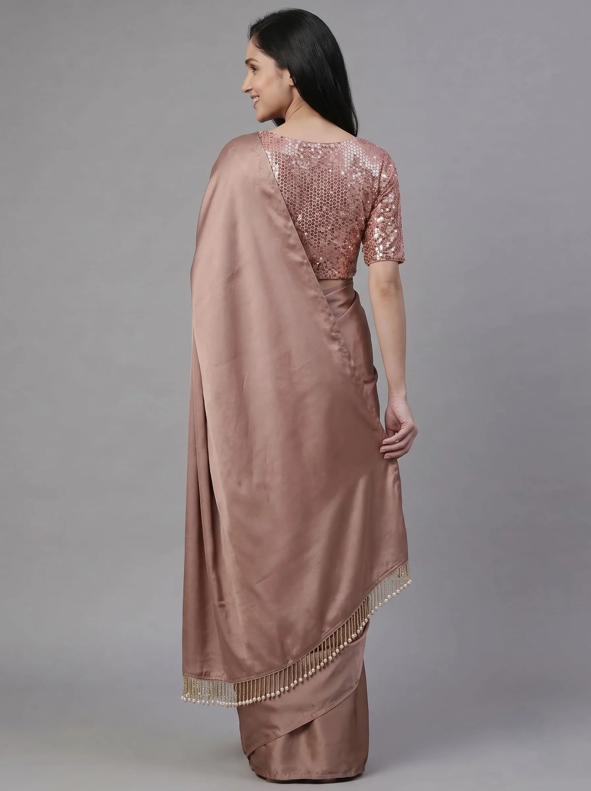Dusty Rose-Gold Satin Silk Saree with Sequin Blouse & Pearl Latkan