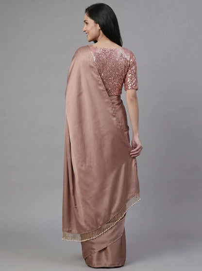 Dusty Rose-Gold Satin Silk Saree with Sequin Blouse & Pearl Latkan