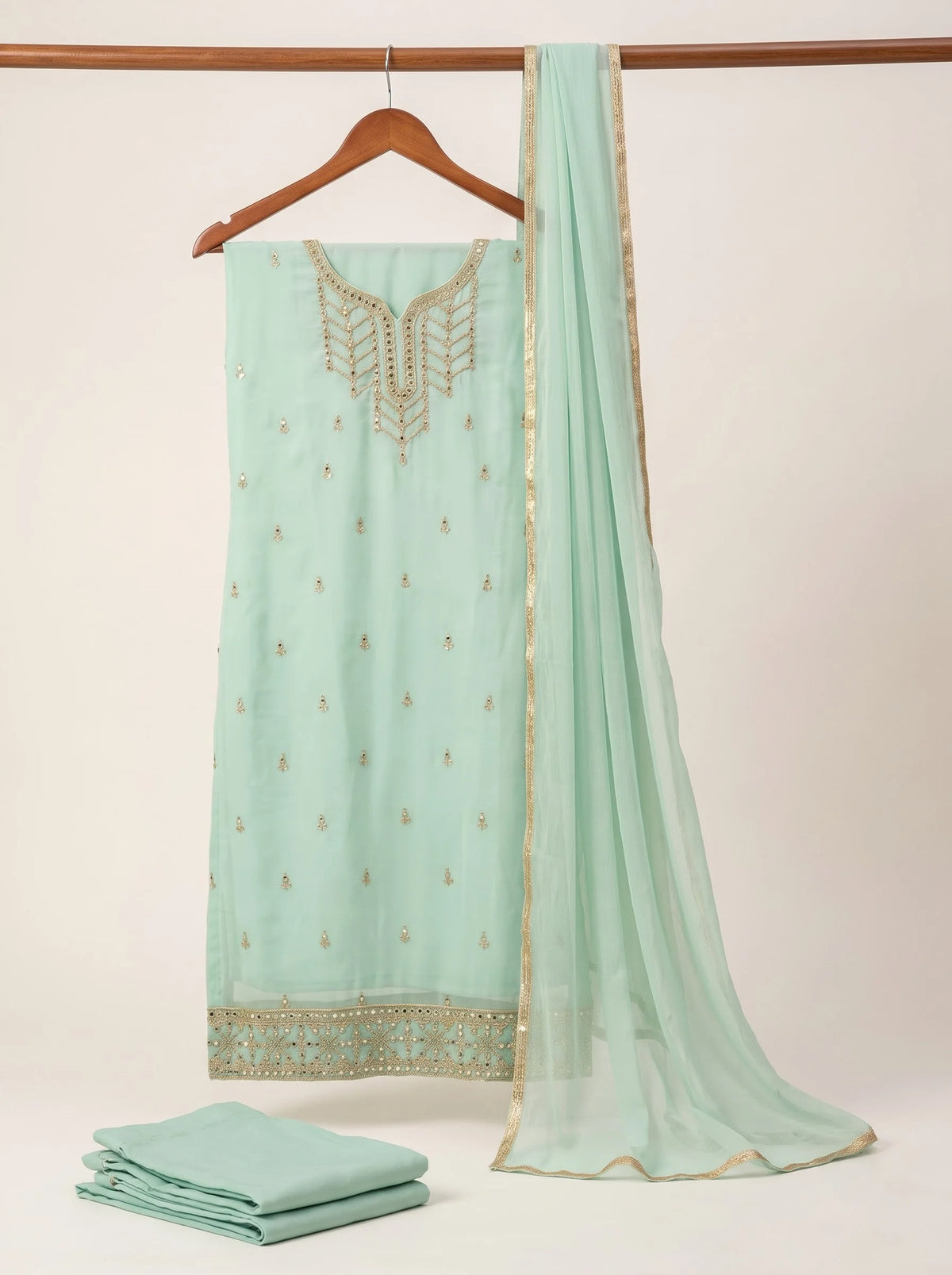 Mint Green Semi-Stitched Pakistani Suit with Heavy Neck & Daman Embroidery