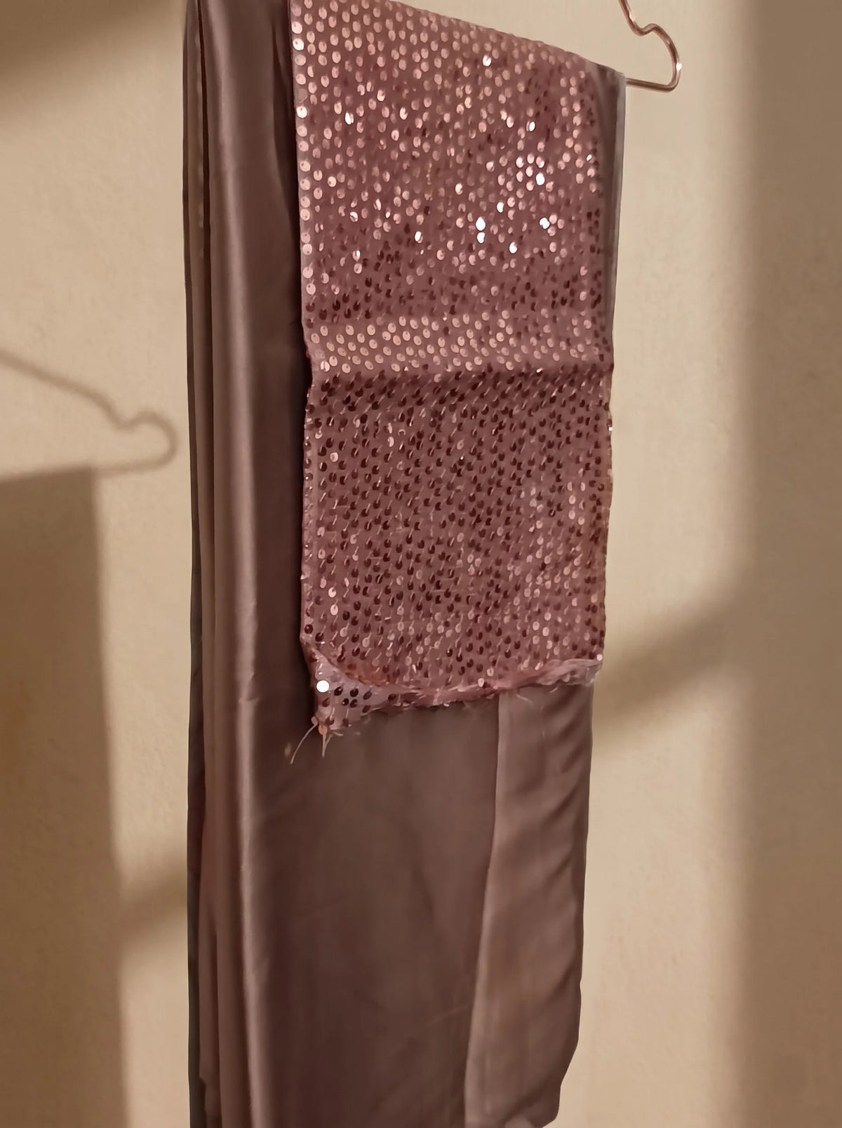 Dusty Rose-Gold Satin Silk Saree with Sequin Blouse & Pearl Latkan