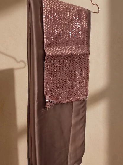 Dusty Rose-Gold Satin Silk Saree with Sequin Blouse & Pearl Latkan