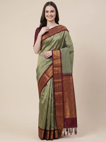 Sage Green Soft Silk Saree with Contrast Banarasi Zari Border