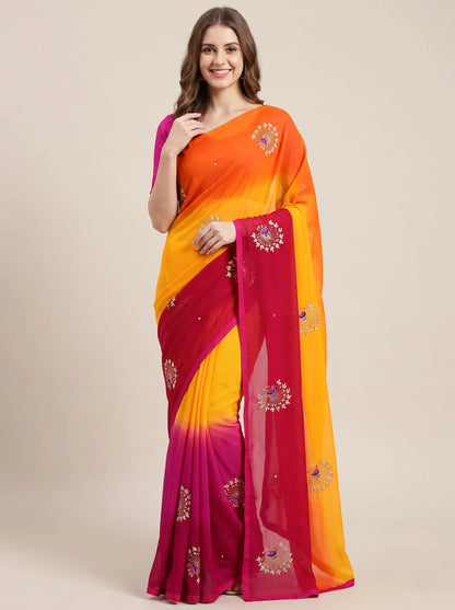 Multicolour Ombre Chiffon Saree with Peacock Motif Embroidery