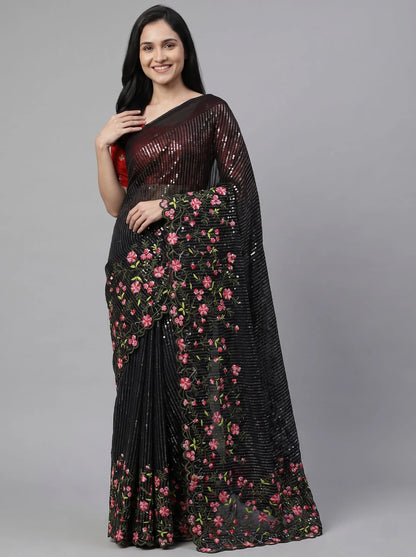 Black Fox Georgette Sequin Saree with Floral Embroidery & Red Silk Blouse