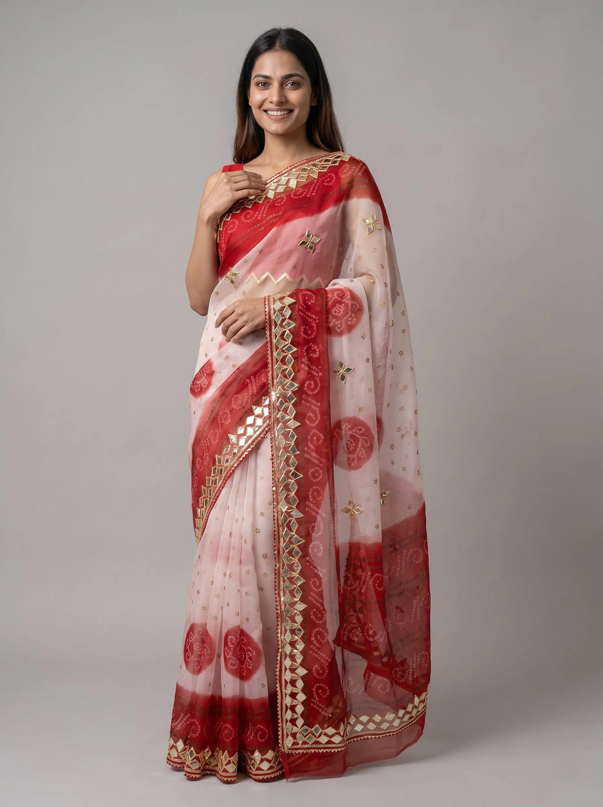 Red-White Bandhani Georgette Saree with Gota-Patti Mirror Border