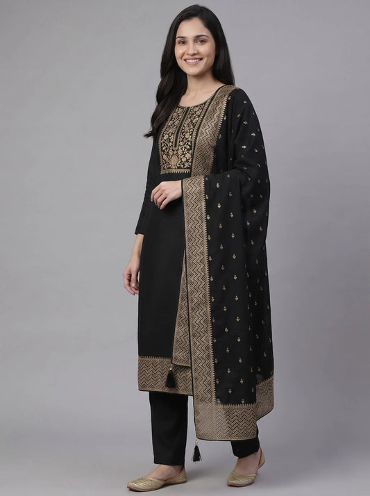 Black Semi-Stitched Pakistani Suit with Heavy Neck & Daman Embroidery