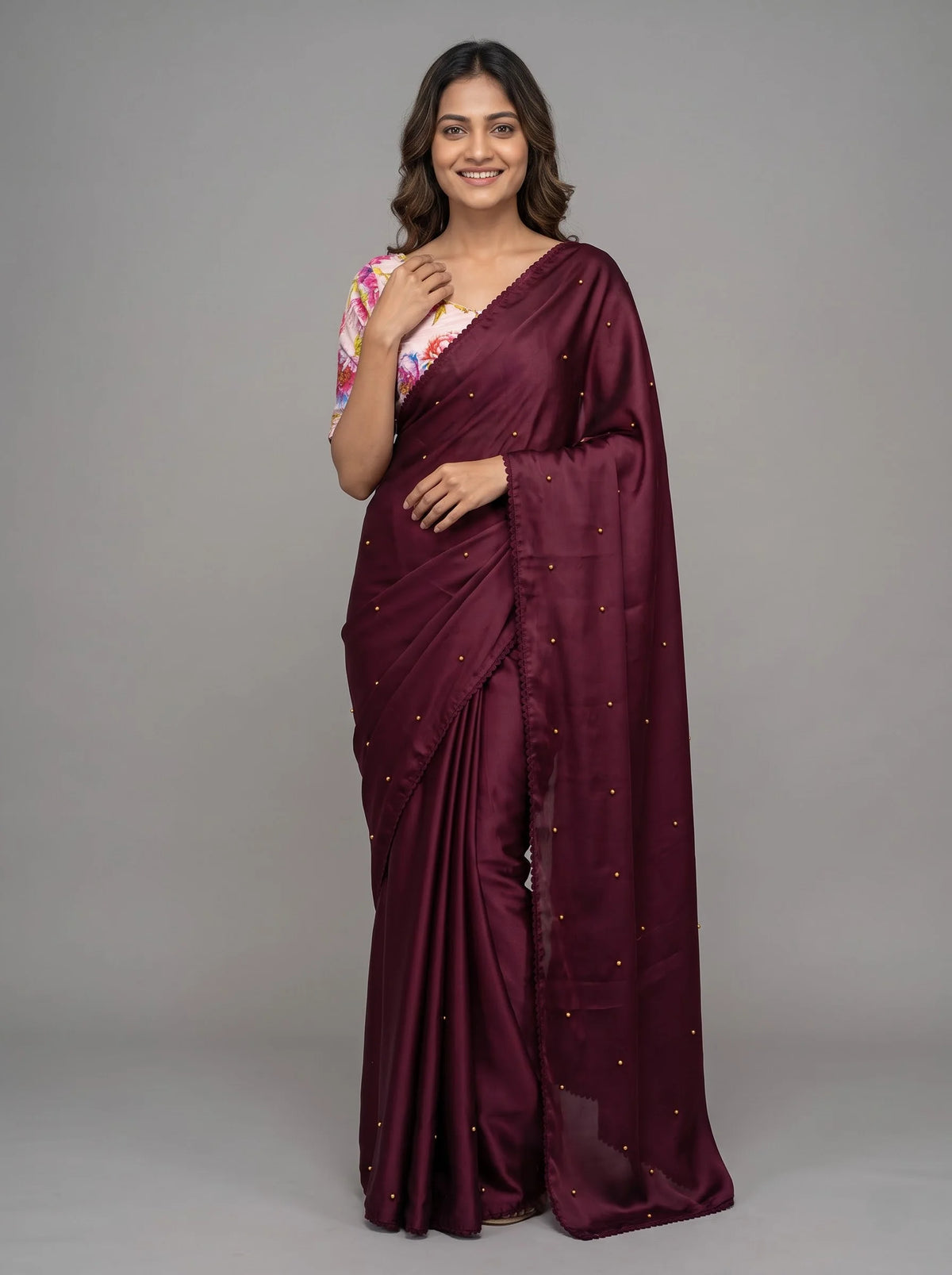 Wine-Maroon Chinon Silk Saree with Pearl Beading & Floral Blouse