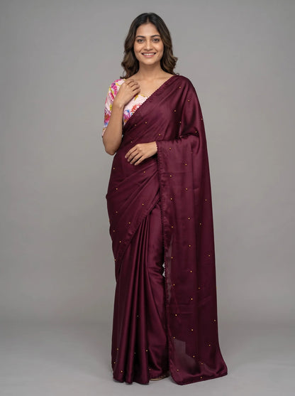 Wine-Maroon Chinon Silk Saree with Pearl Beading & Floral Blouse
