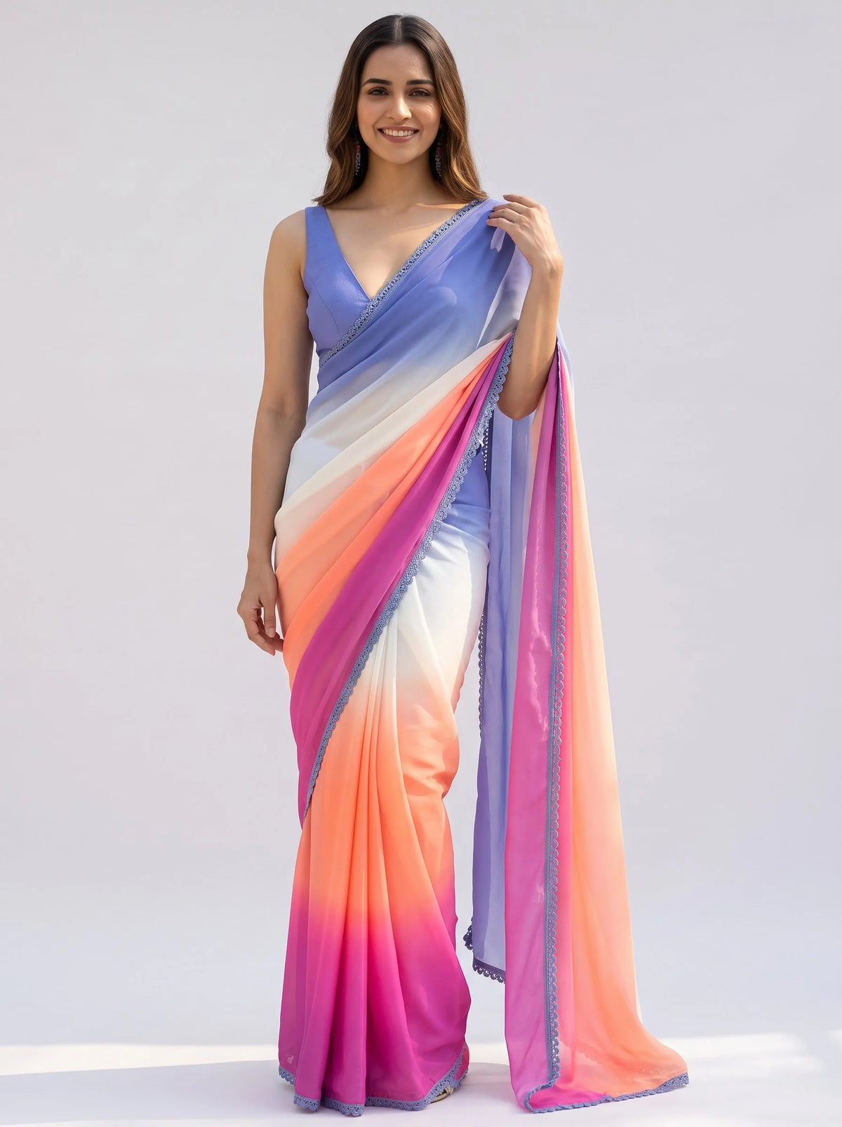 Multicolour Ombre Chiffon Saree with Scalloped Lace Border