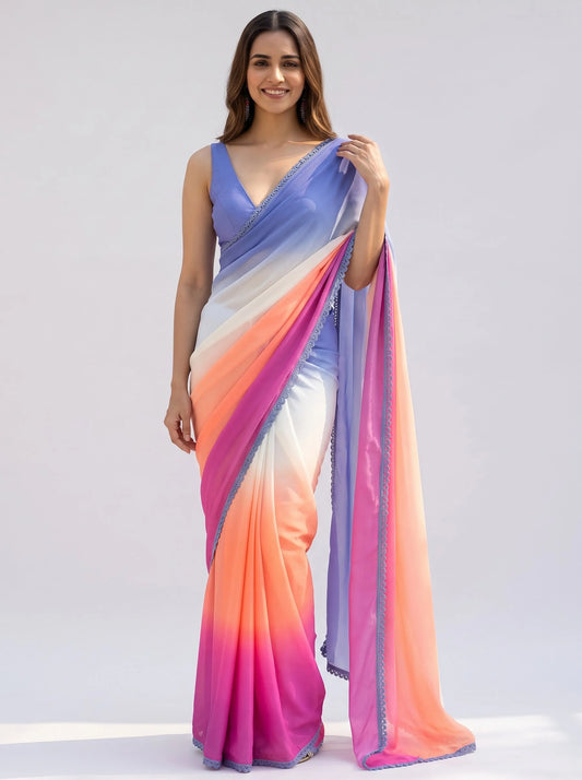 Multicolour Ombre Chiffon Saree with Scalloped Lace Border