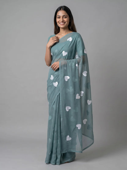 Sea Green Georgette Saree with All-Over Heart Embroidery