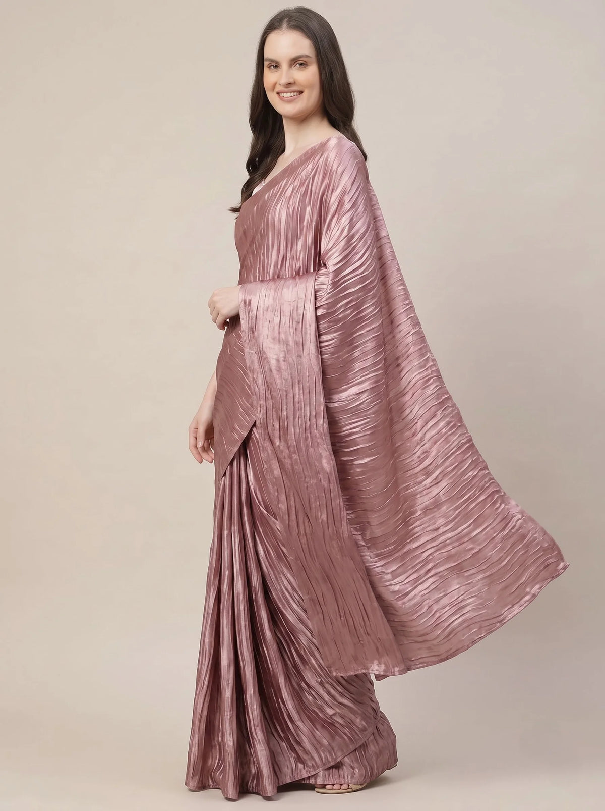 Dusty Rose-Taupe Crushed Tissue Silk Saree with Satin Blouse
