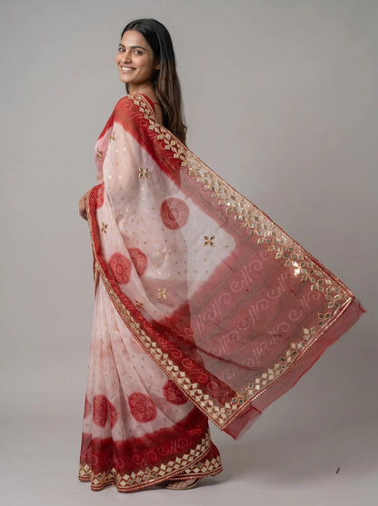 Red-White Bandhani Georgette Saree with Gota-Patti Mirror Border