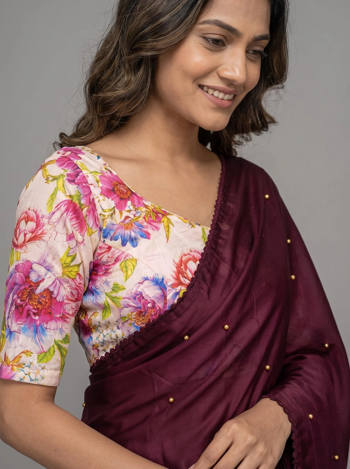 Wine-Maroon Chinon Silk Saree with Pearl Beading & Floral Blouse