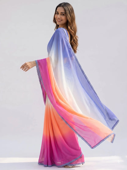 Multicolour Ombre Chiffon Saree with Scalloped Lace Border