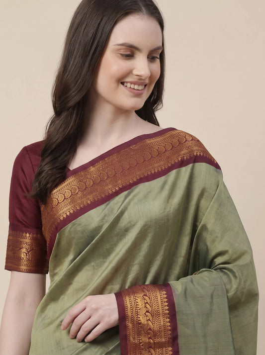 Sage Green Soft Silk Saree with Contrast Banarasi Zari Border
