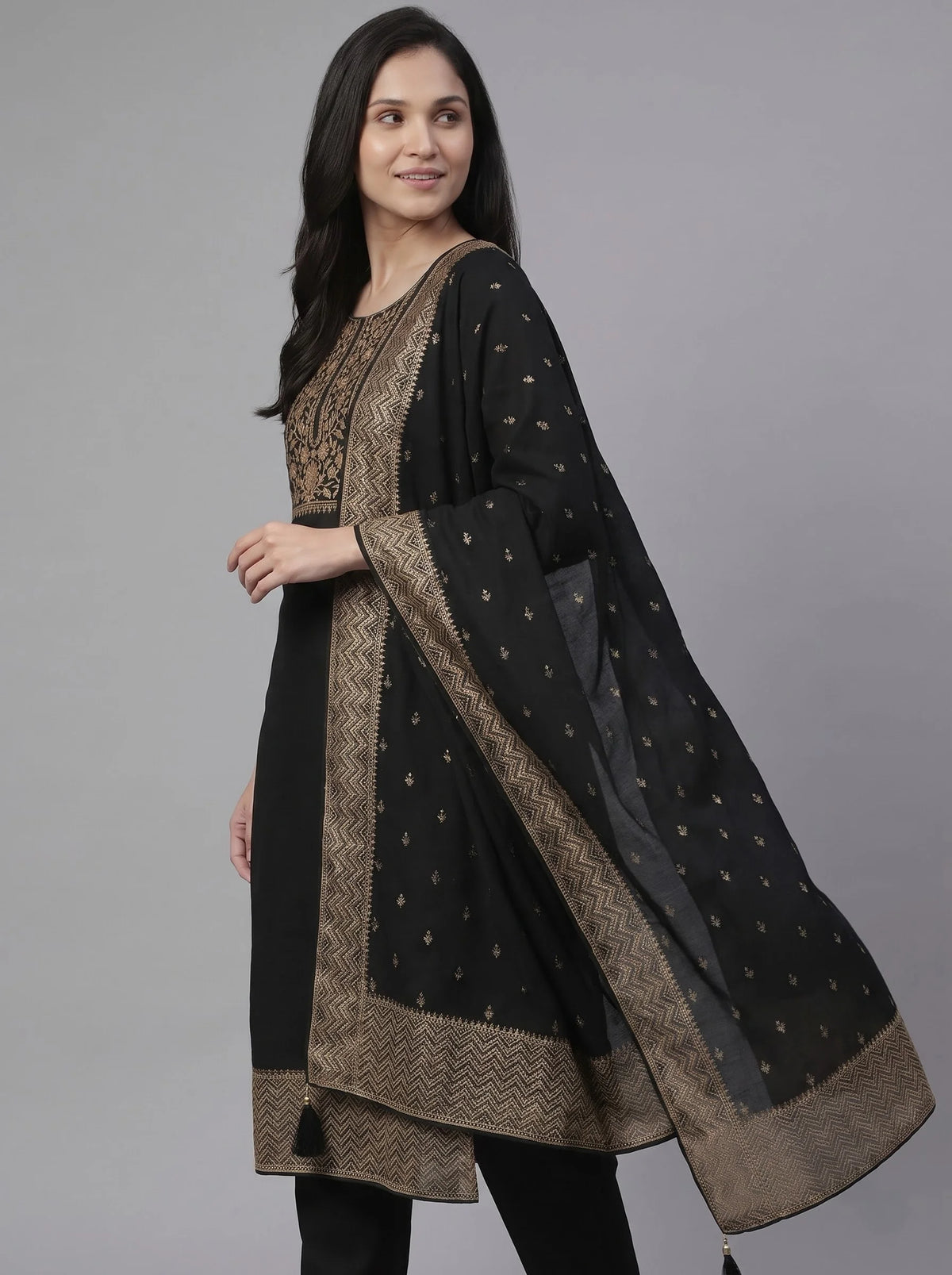 Black Semi-Stitched Pakistani Suit with Heavy Neck & Daman Embroidery