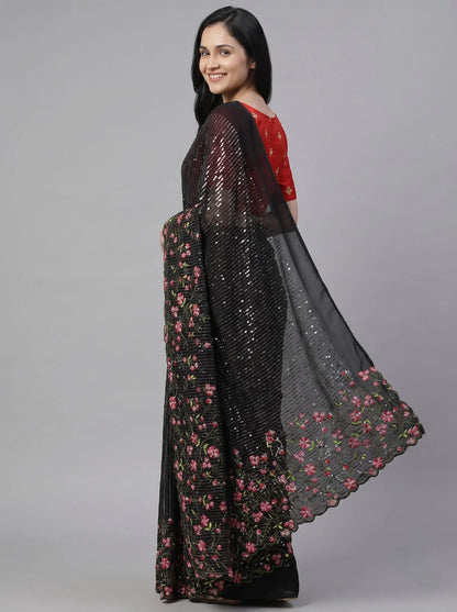 Black Fox Georgette Sequin Saree with Floral Embroidery & Red Silk Blouse