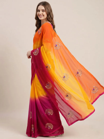 Multicolour Ombre Chiffon Saree with Peacock Motif Embroidery