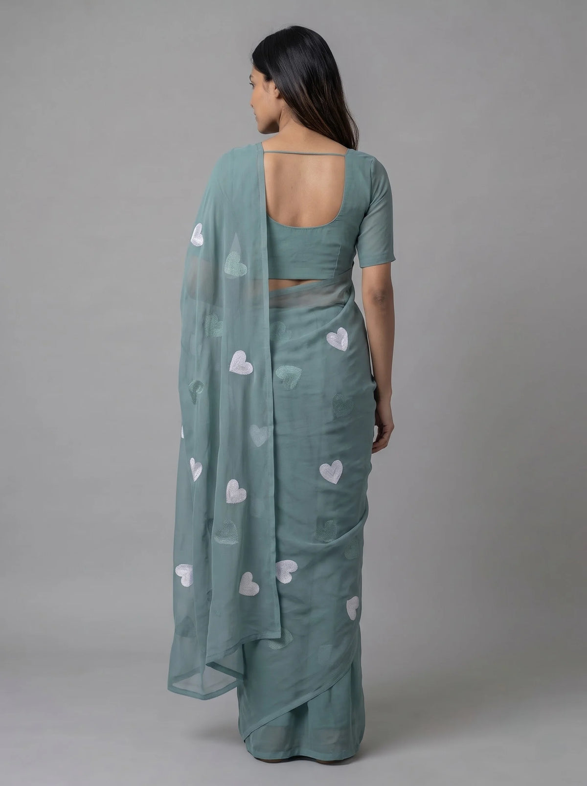 Sea Green Georgette Saree with All-Over Heart Embroidery