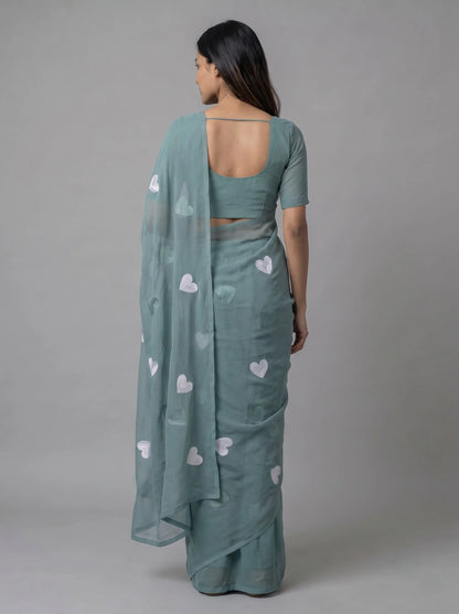 Sea Green Georgette Saree with All-Over Heart Embroidery