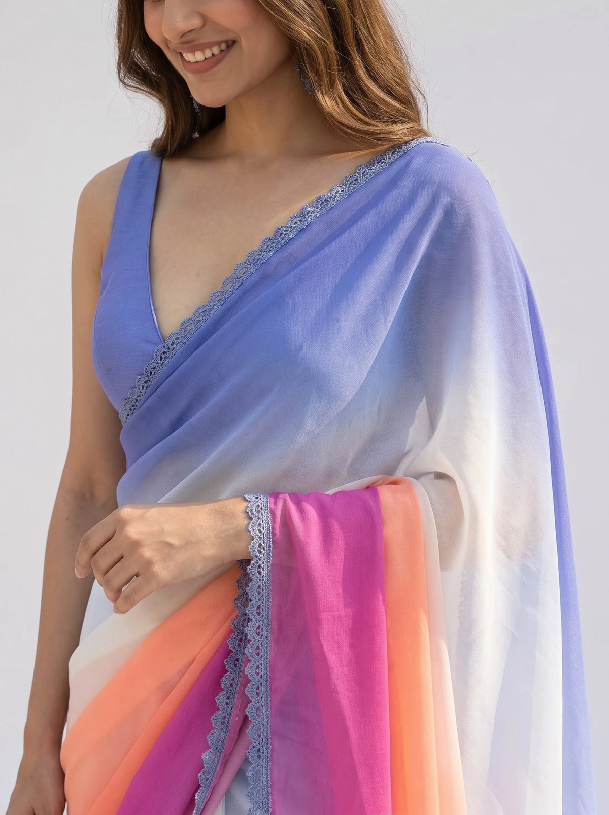 Multicolour Ombre Chiffon Saree with Scalloped Lace Border